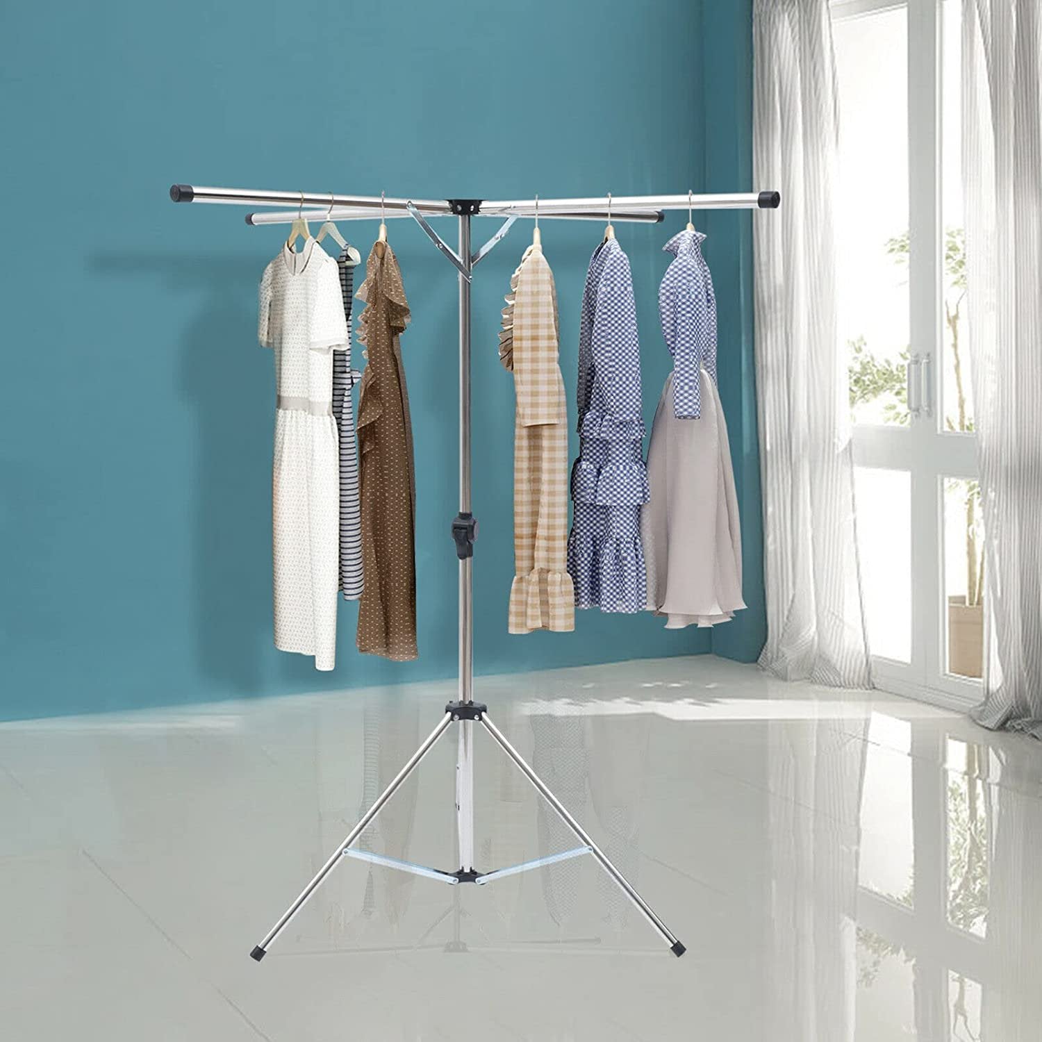 FETCOI Metal Clothes Drying Rack Folding Laundry Dryer Hanger Shelf Black Foldable Tripod Arm Stand