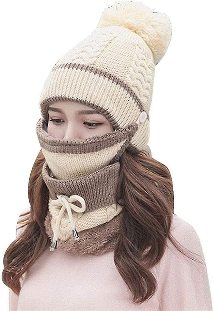 3pcs/set Fashion Women Winter Knitted Hat Thickened Woolen Cap With Warm Mask And Neck Scarf Beige -