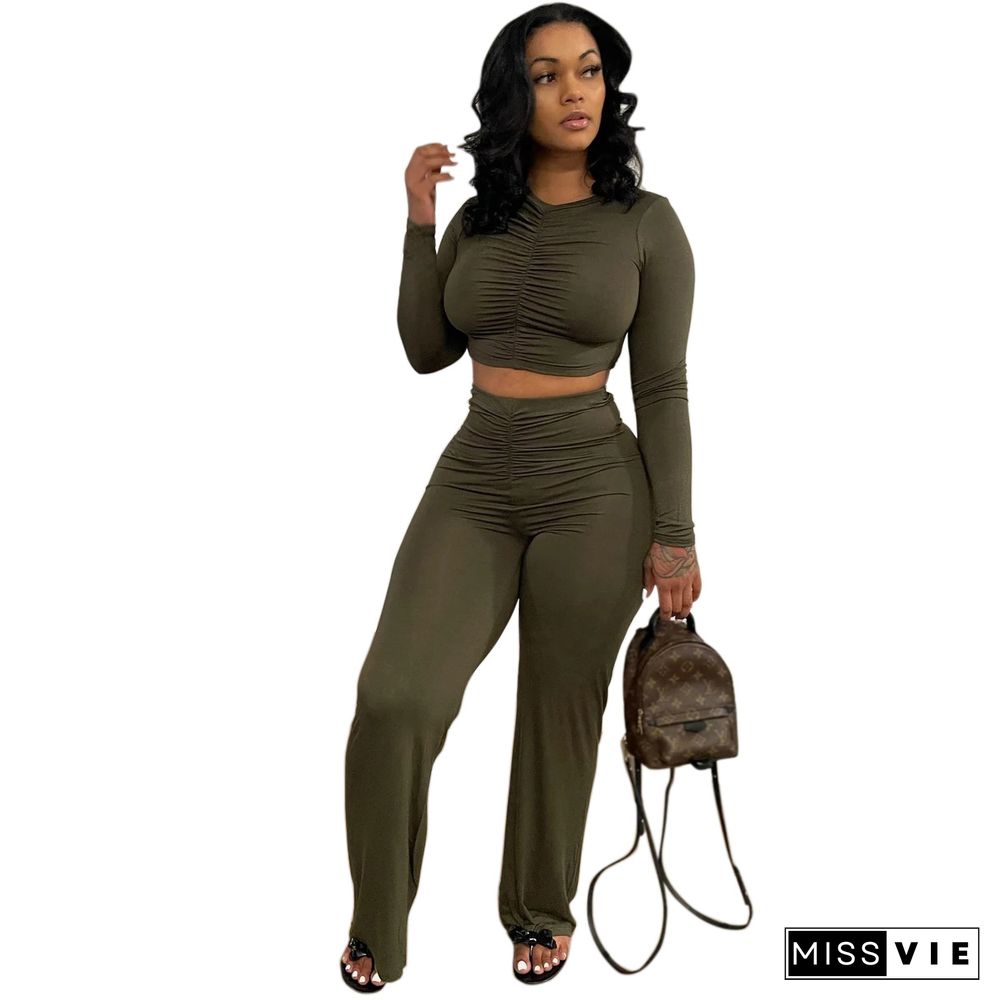 Casual Pleated Crop Top Wide Leg Pants Set