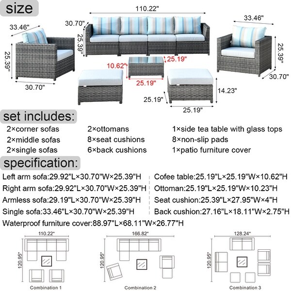 OVIOS Sunbrella Fabric Patio 9and12 Pieces Outdoor Sectional Set