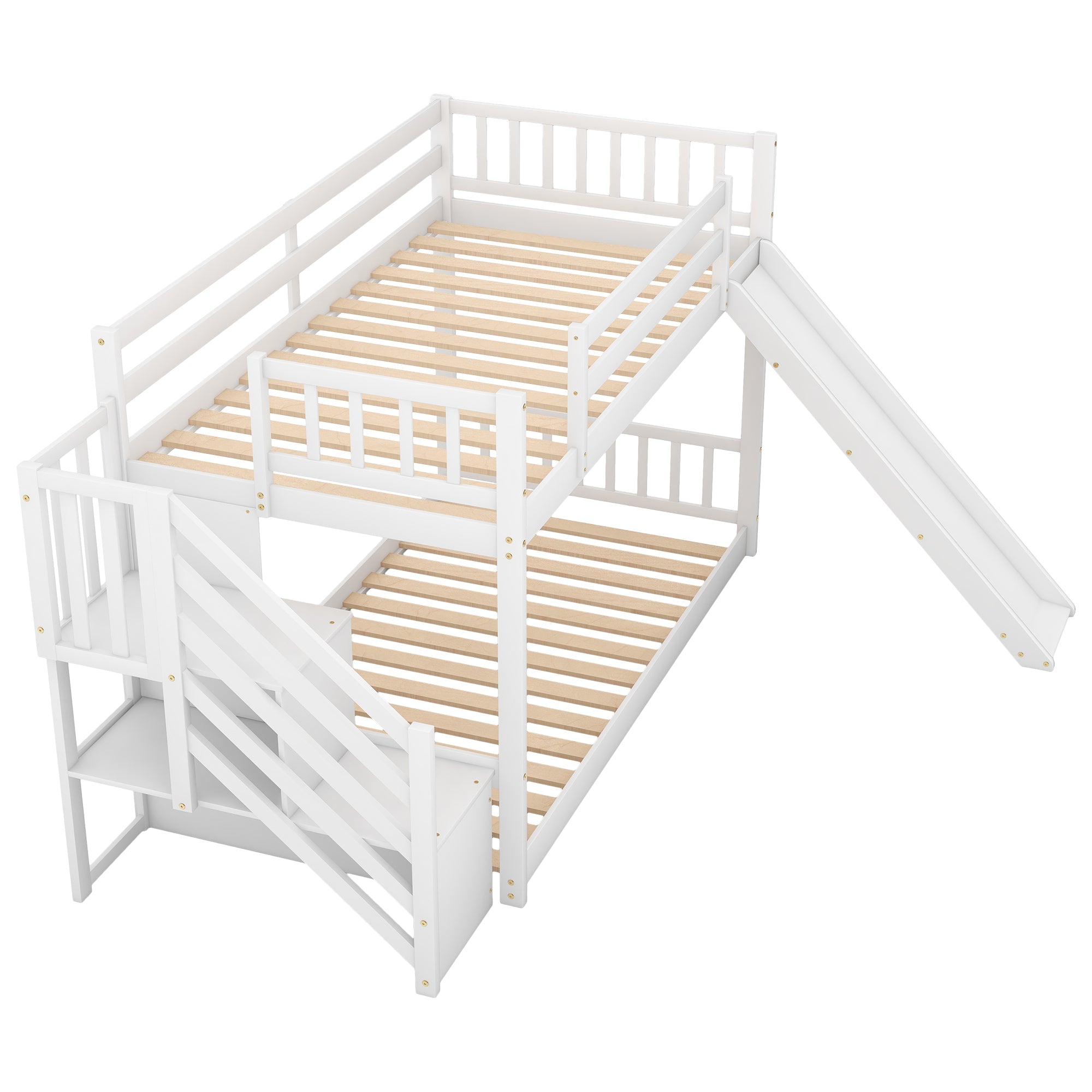 Euroco Twin over Twin Bunk Bed with Slide and Stairway for Kids' Room, White