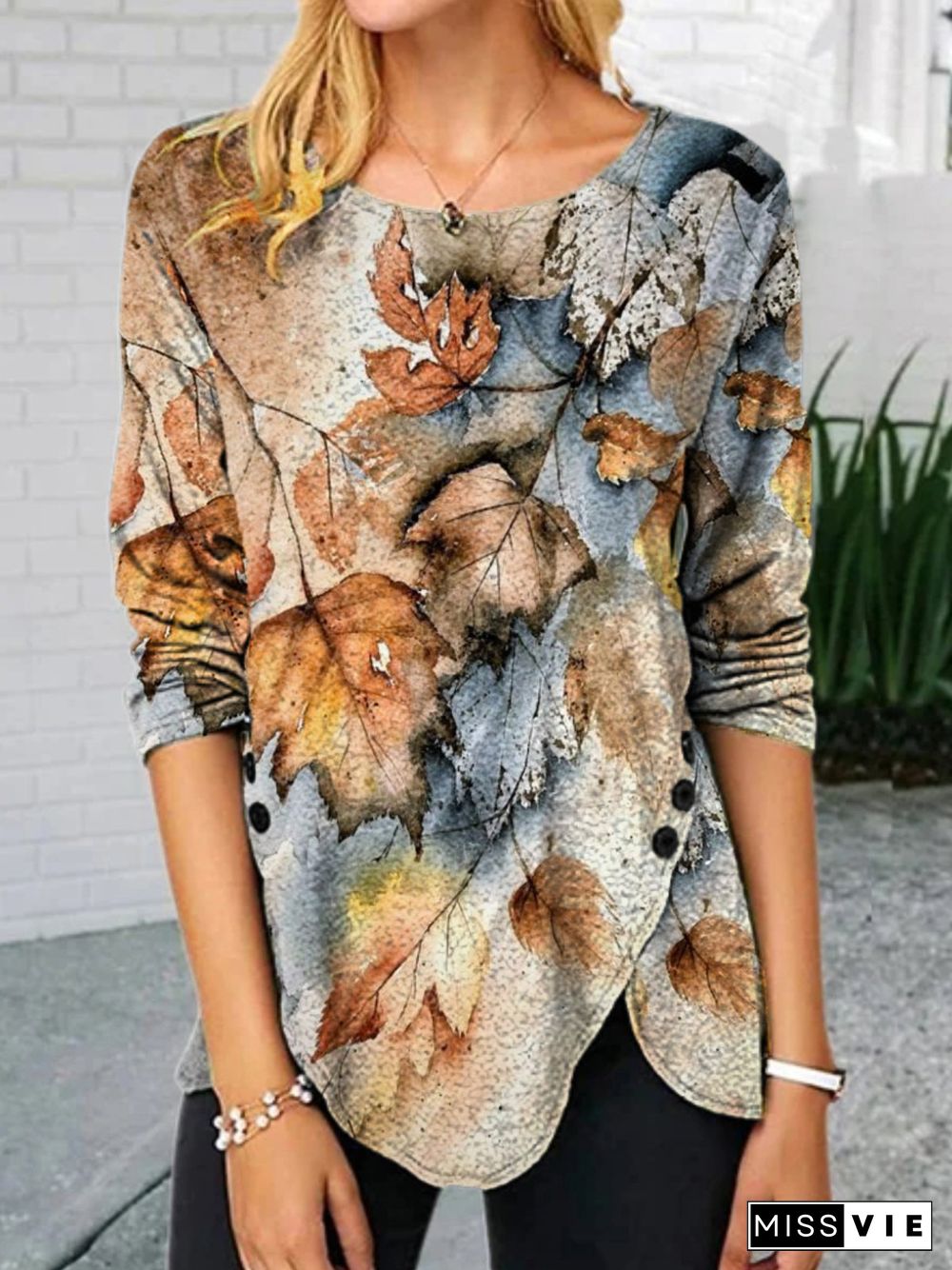 Casual Long Sleeve Round Neck Plus Size Printed Tops T-shirts