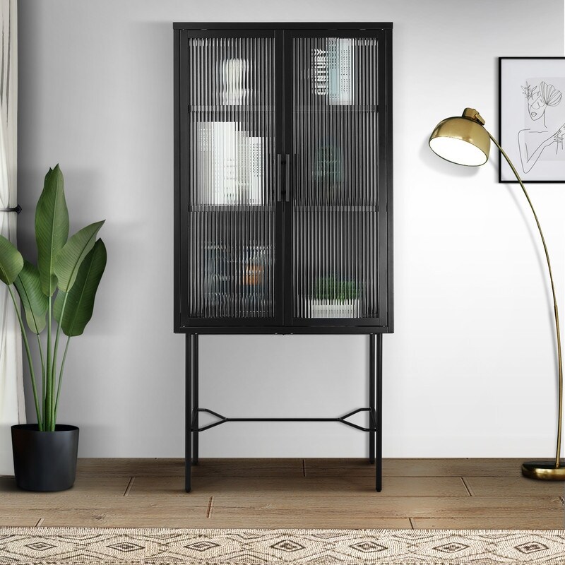 Minimalist Retro Fluted Glass Storage Cabinet  Metal Freestanding Tall Display Cabinet with Adjustable Shelves  Sideboard Buffet