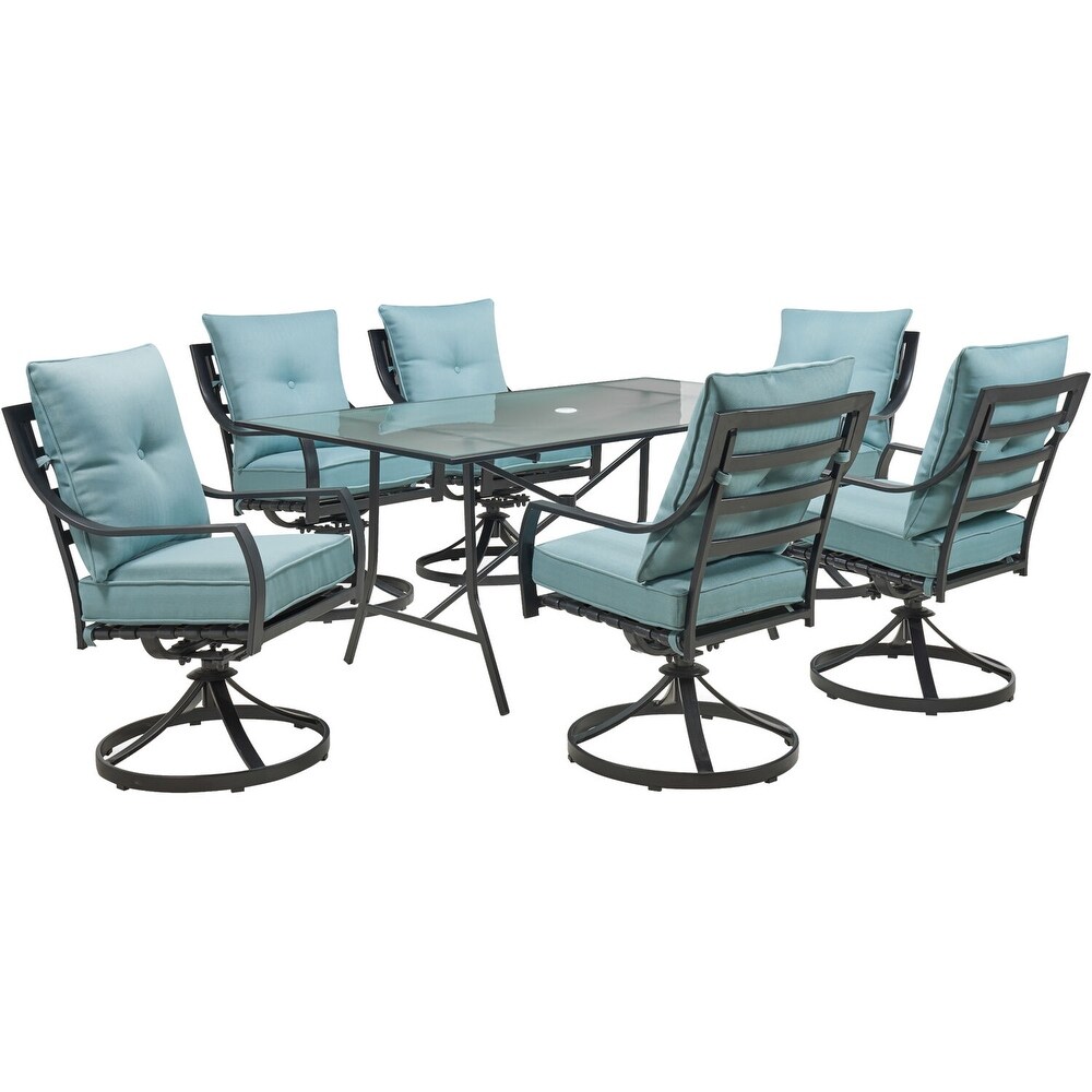 Hanover Lavallette 7 Piece Dining Set in Ocean Blue with 6 Swivel Rockers and a 66\