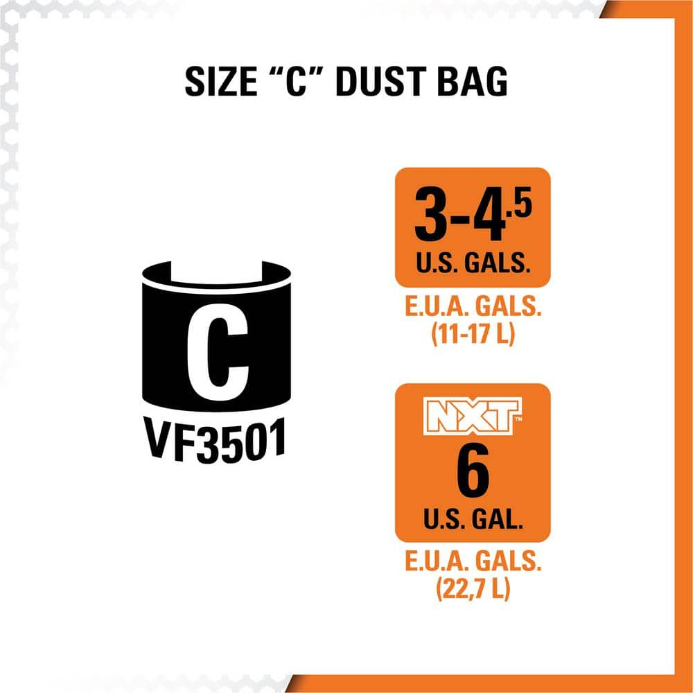 RIDGID High-Efficiency Size C Dust Collection Bags for 3 to 4.5 Gallon and HD06001 RIDGID Wet/Dry Shop Vacuums (2-Pack) VF3501