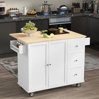 HwoamneT White Kitchen Island with Solid Wood Top Locking Wheels Storage Cabinet Drop Leaf Breakfast Bar Towel Rack Drawers SH#WF287035WH