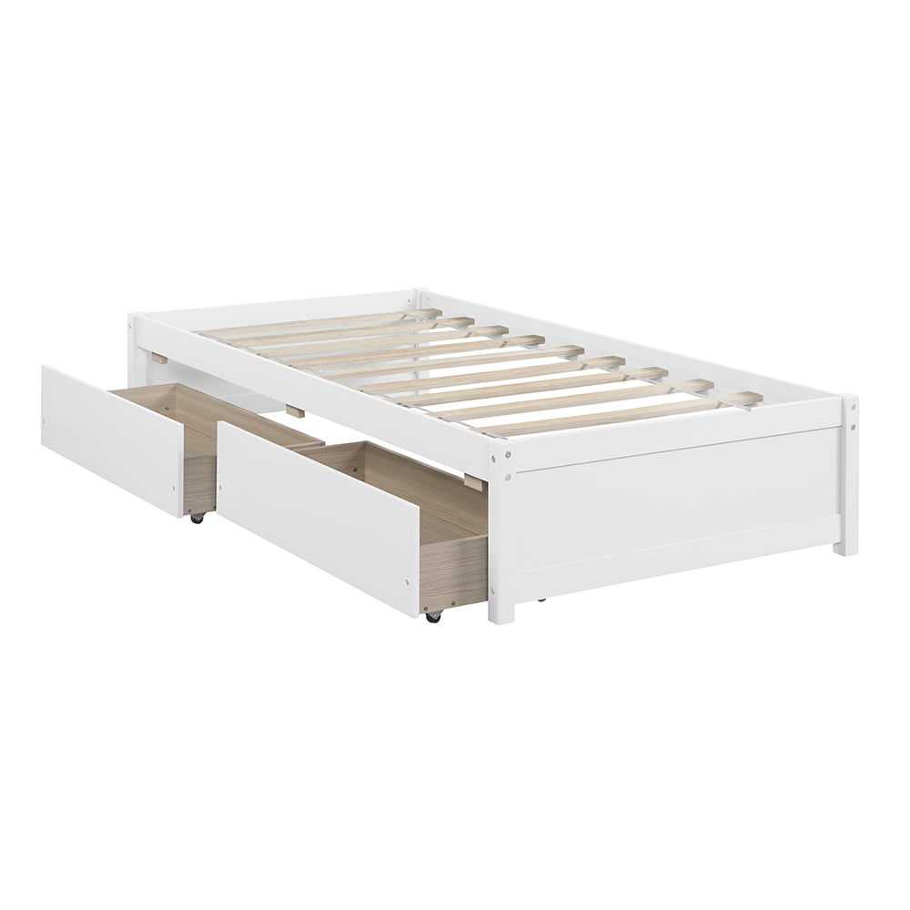 Twin Platform Bed Frame with Storage Drawers, Kids Twin Size Bed Frame No Box Spring Needed, Solid Wood Platform Beds with Two Drawers, Modern Single Bed Bedroom Furniture, White, J1159