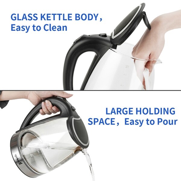 1500W 1.8L Electric Glass Tea Kettle Hot Water Kettle with Auto Shutoff Protection， Stainless Steel Lid and Bottom