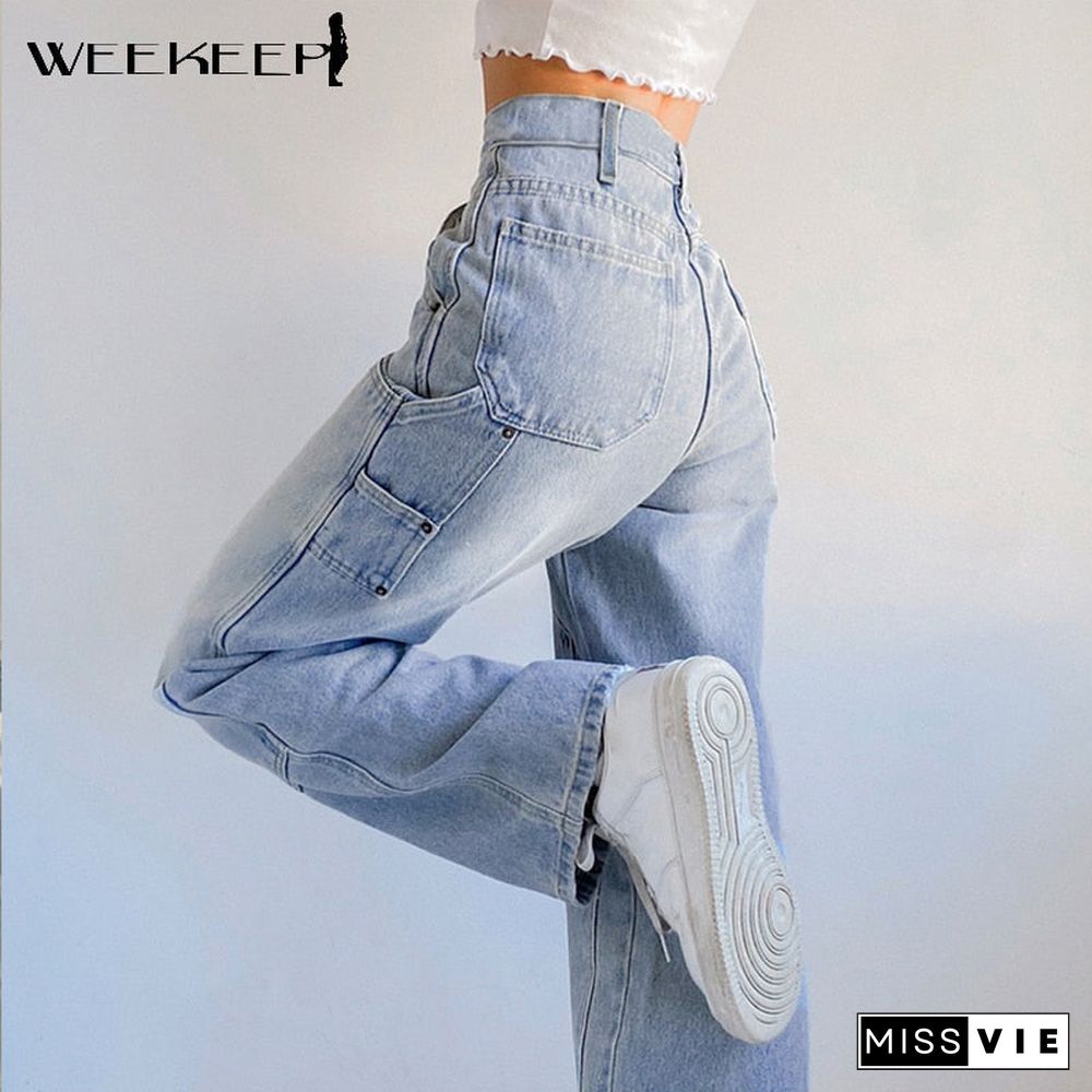 Weekeep Streetwear High Waist Jeans Women Baggy Cargo Pants Patchwork Denim Straight Trousers Autumn Casual Korean Harajuku