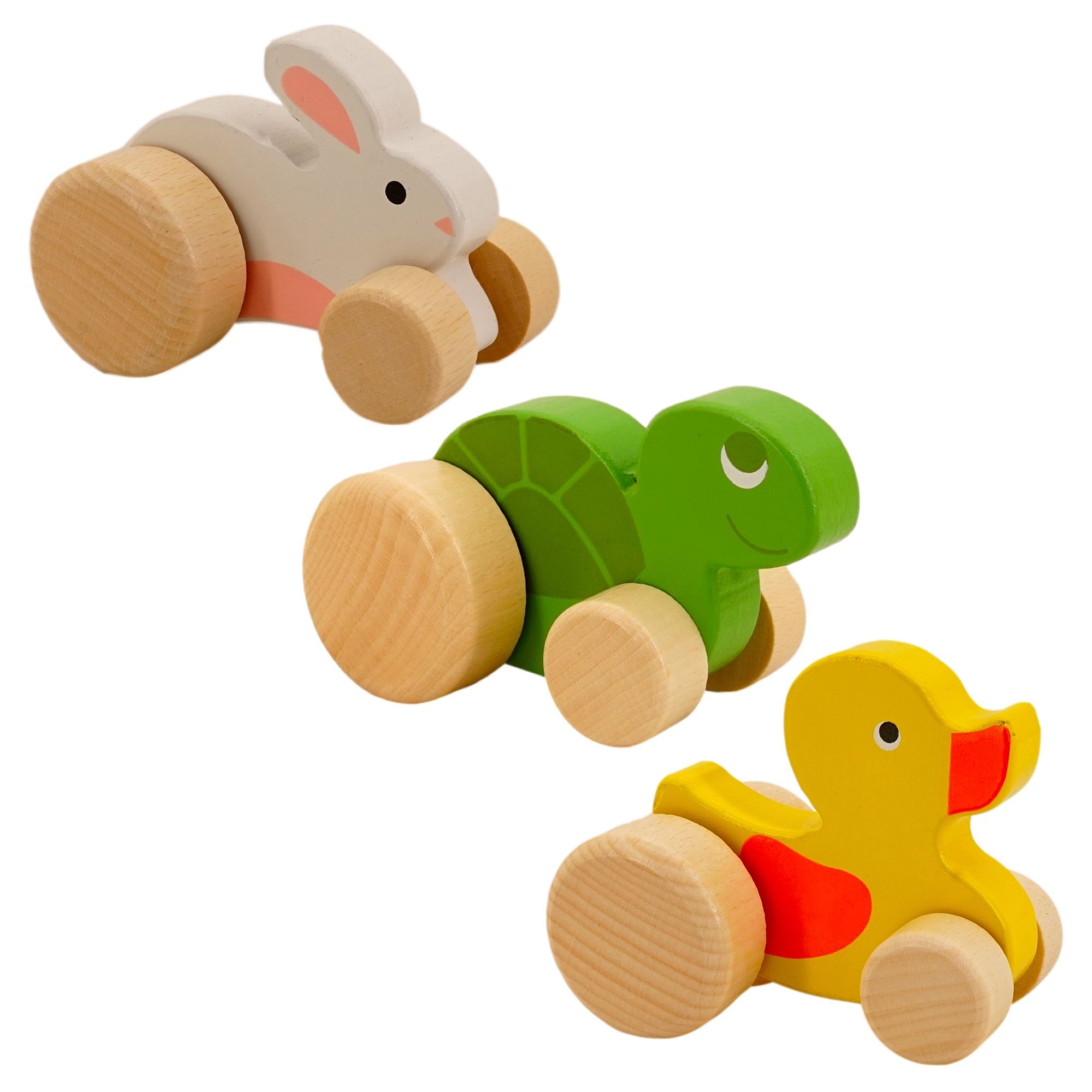 Wooden Push Pull Toys (3 Pack， Rabbit， Duck， Turtle， 4.5 in tall) Up Down Motion Animals Rolling Stuffers Toddlers and Children