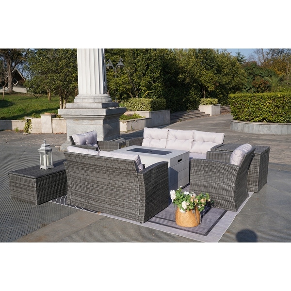 7Piece Outdoor Wicker Conversation Sofa Set with Fire Pit