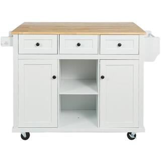 Zeus  Ruta White Rubber wood 53 in. Kitchen Island Drop-Leaf Countertop Cabinet door internal storage racks 5-Wheels 3-Drawers XIN-UTPEZB3