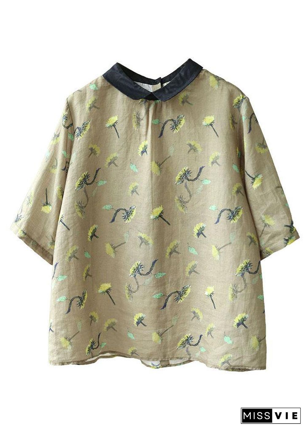 Stylish Khaki Patchwork Pullover Summer Linen Shirt Top Short Sleeve