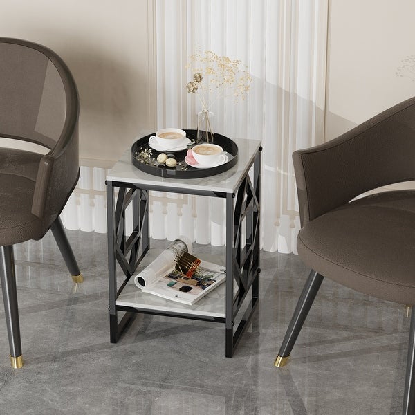 Metal Geometric-Base 2-Tier Marble End Table