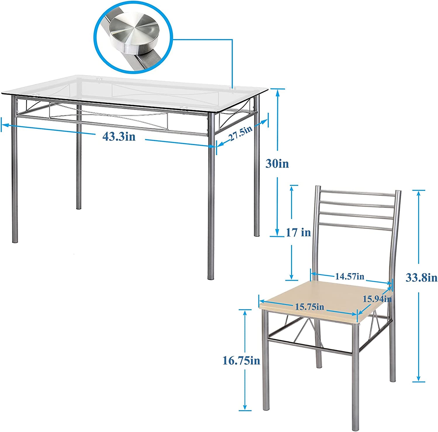 VECELO Kitchen Dining Room Table and Chairs 4， 5-Piece Dinette Sets， Space Saving (Silver)， Silvery