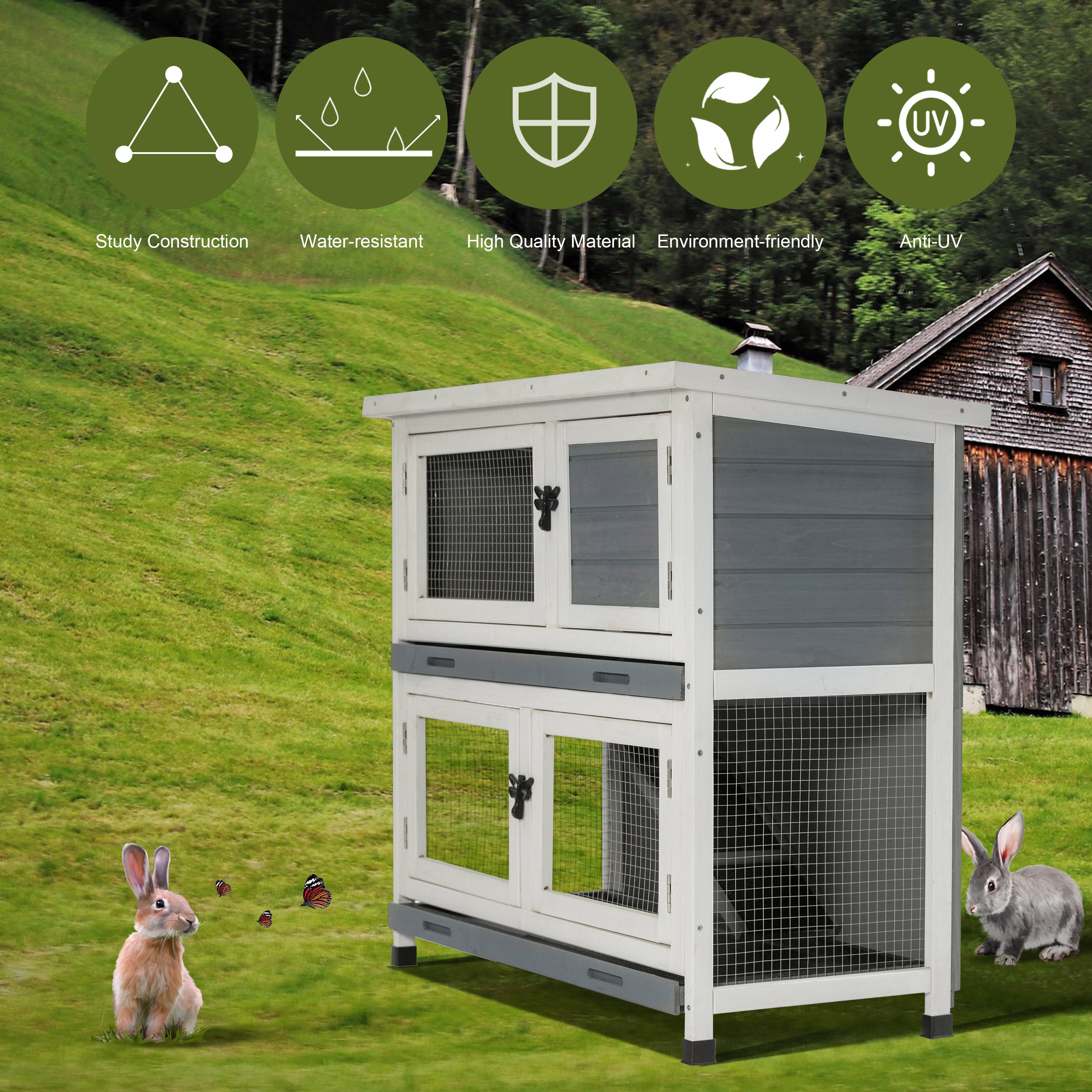 Rabbit Hutch Indoor and Outdoor Use， Two-Tier Animal Hutch with Flip-up Roof