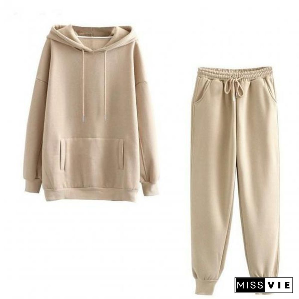 Sweatshirt Pants Set Hooded Cold Resistant Drawstring Pockets Women Outfit For Office