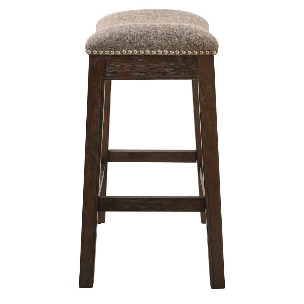 New Ridge Home Goods Saddle Backless Weathered Grey Wood 25.5 in. Counter-Height Bar Stool with Smoked Gray Linen Seat One Stool NH100154-FCS-WG