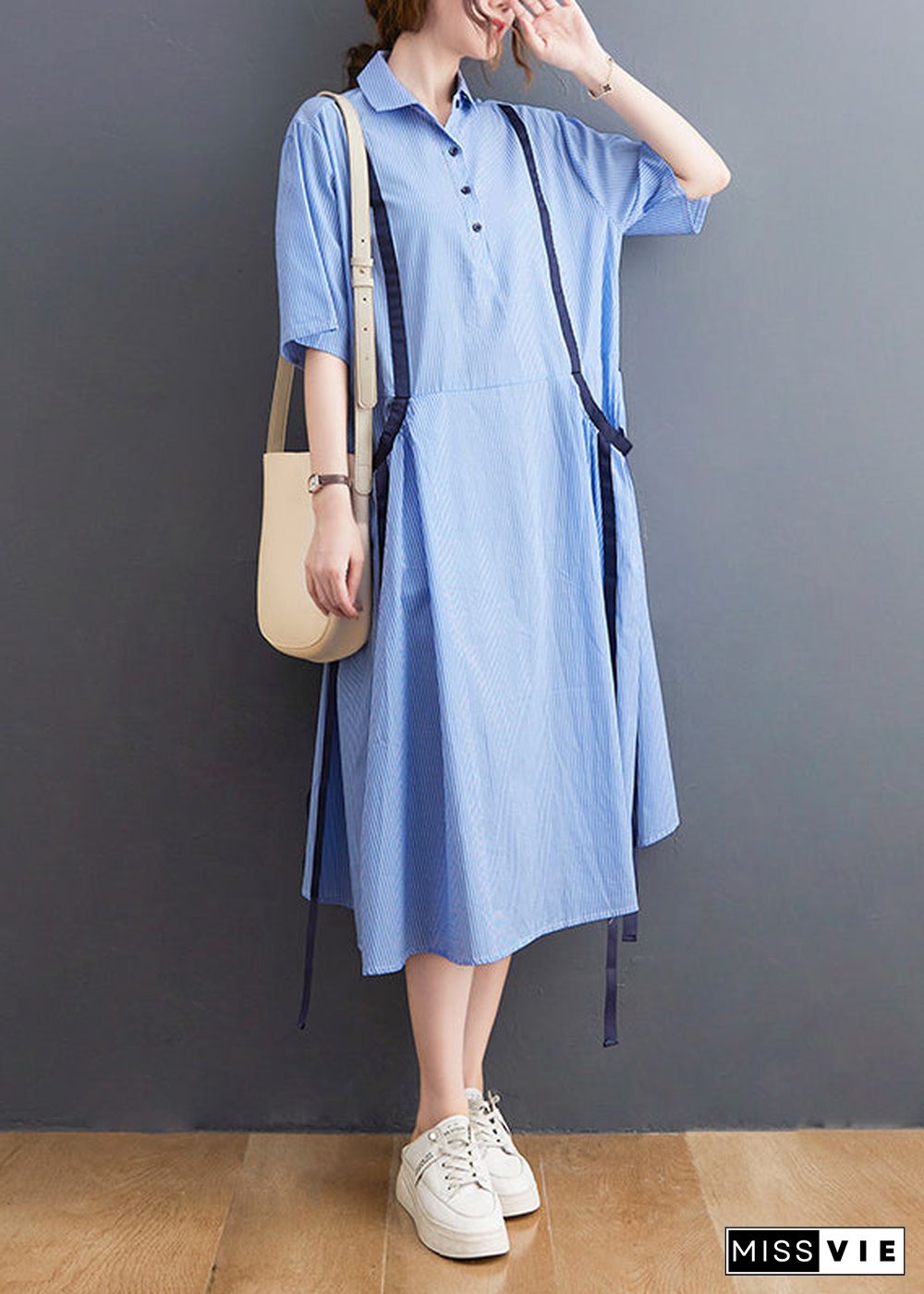 French Light Blue Peter Pan Collar Button Shirt Dresses Short Sleeve