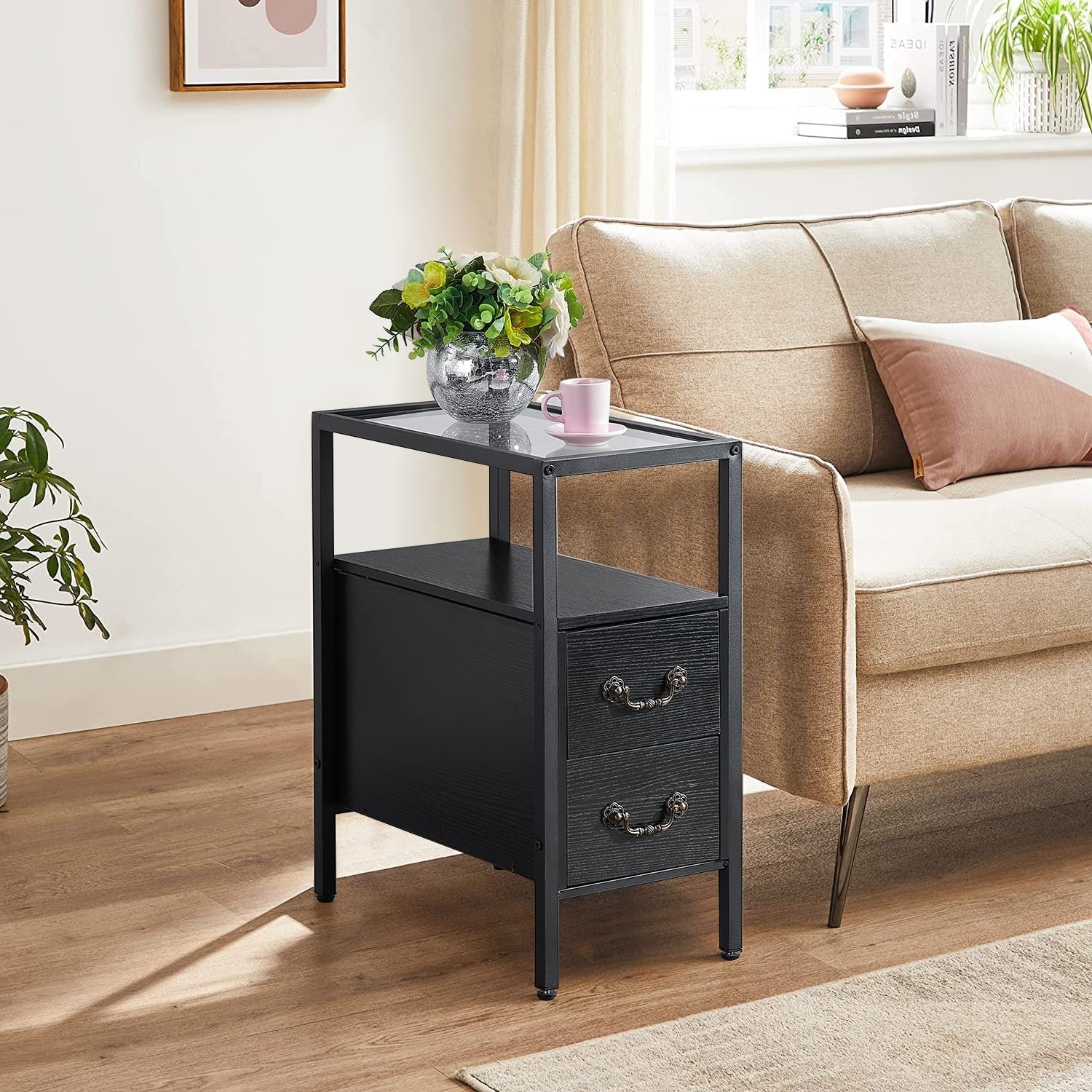 VECELO 2-Drawer Modern Narrow End Table with Glass Top