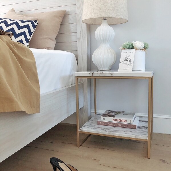 Roomfitters 2 Tier White Faux Marble Print End Table