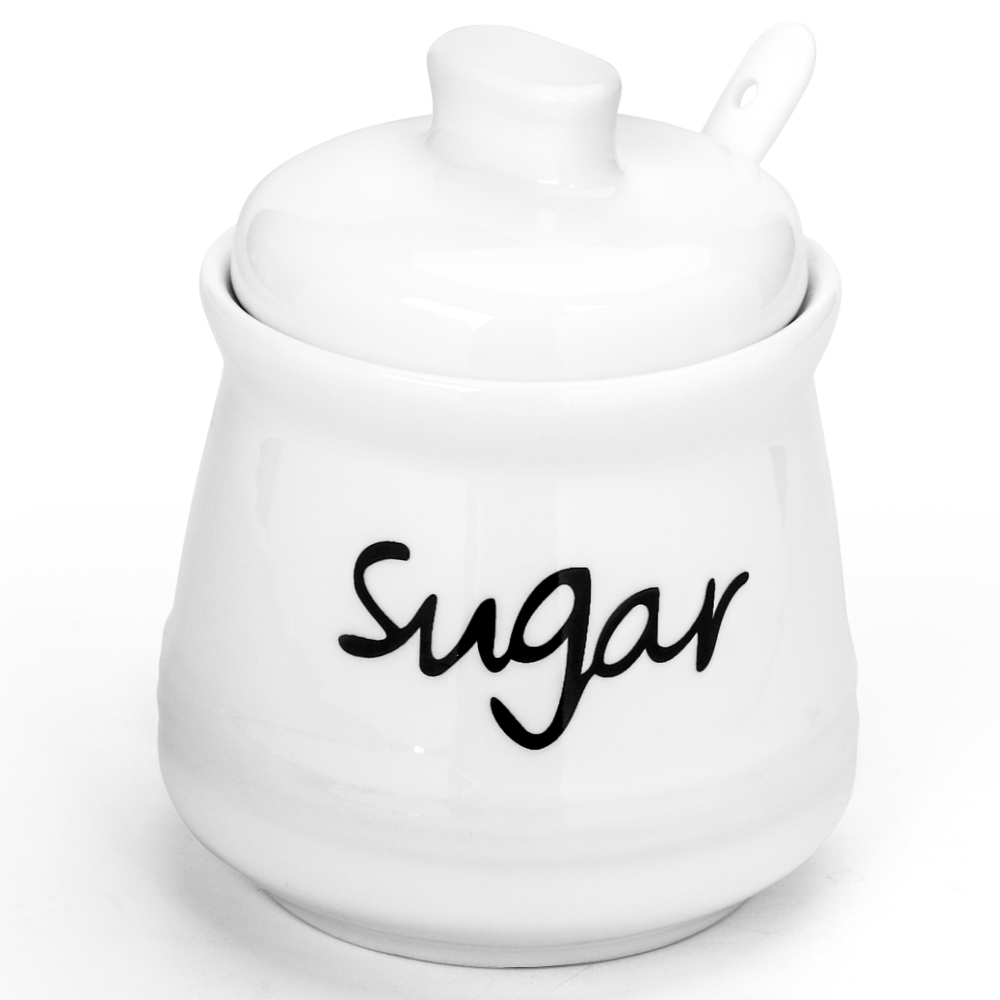 Quyimy Porcelain Sugar Bowl 12 fl oz with Lid and Spoon Ceramic Sugar Jar Dispenser Container(White)