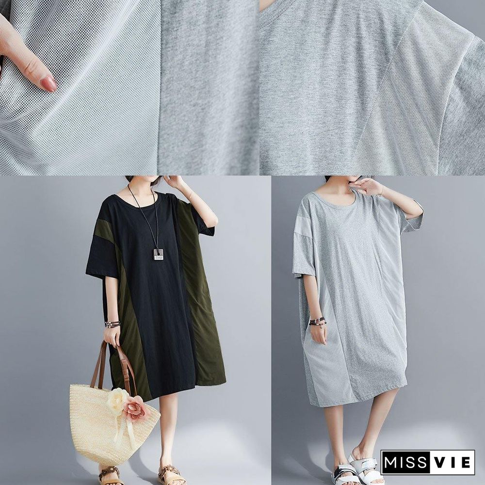 Elegant gray cotton Tunics o neck patchwork Maxi summer Dresses