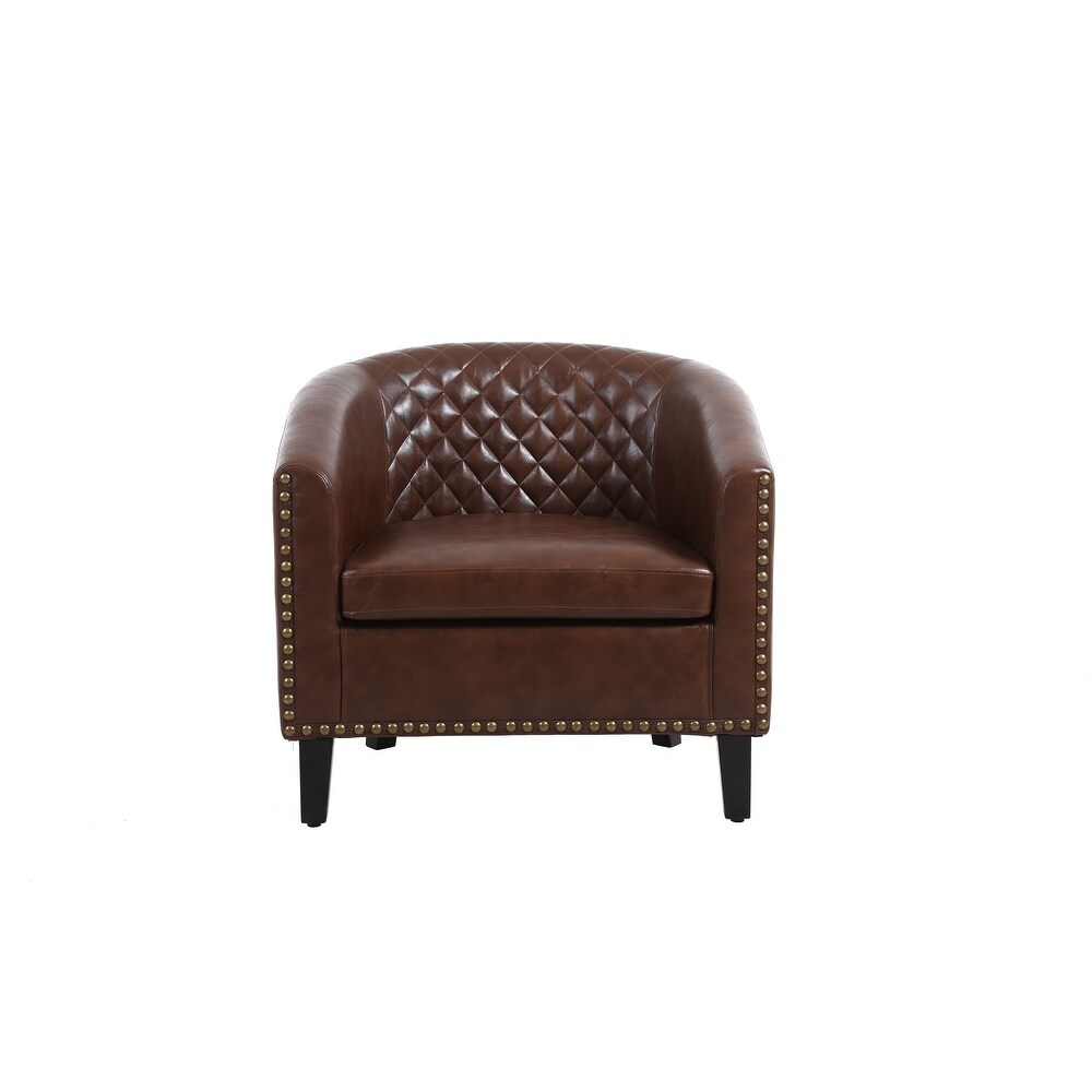 Accent Barrel Sofa Chair Pu Leather Chair with Nailheads and Solid Wood Legs Brown  for Living Room