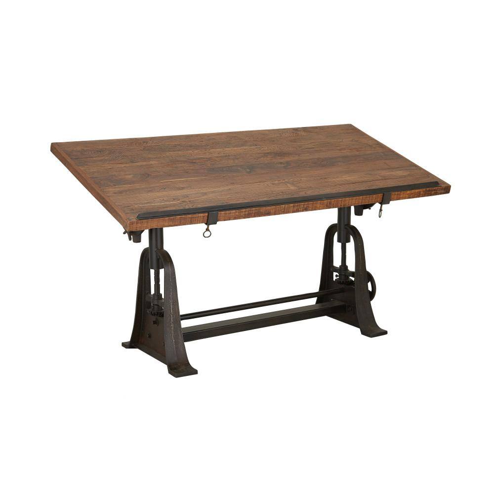 Litton Lane 30 in. Rectangle Brown Teak Wood Drafting Style Computer Desk with Tilting Top and Crank Height Adjustment 88586