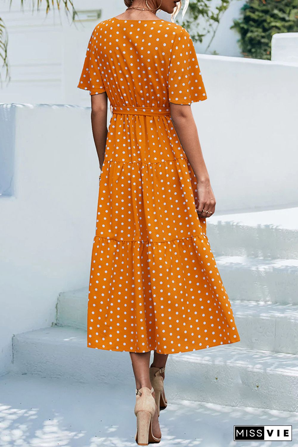 Polkadot V Neck Waist Tie Tiered Ruffle Dress