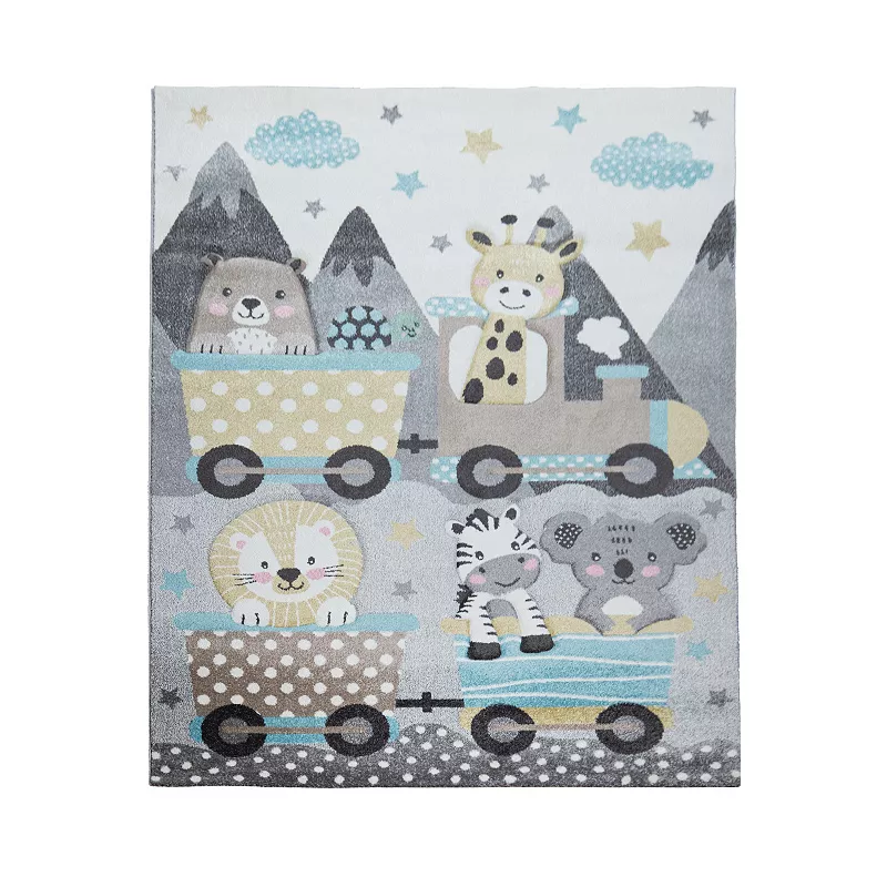 Kids Rug for Childrens Room Colorful Animals on a Train in Grey