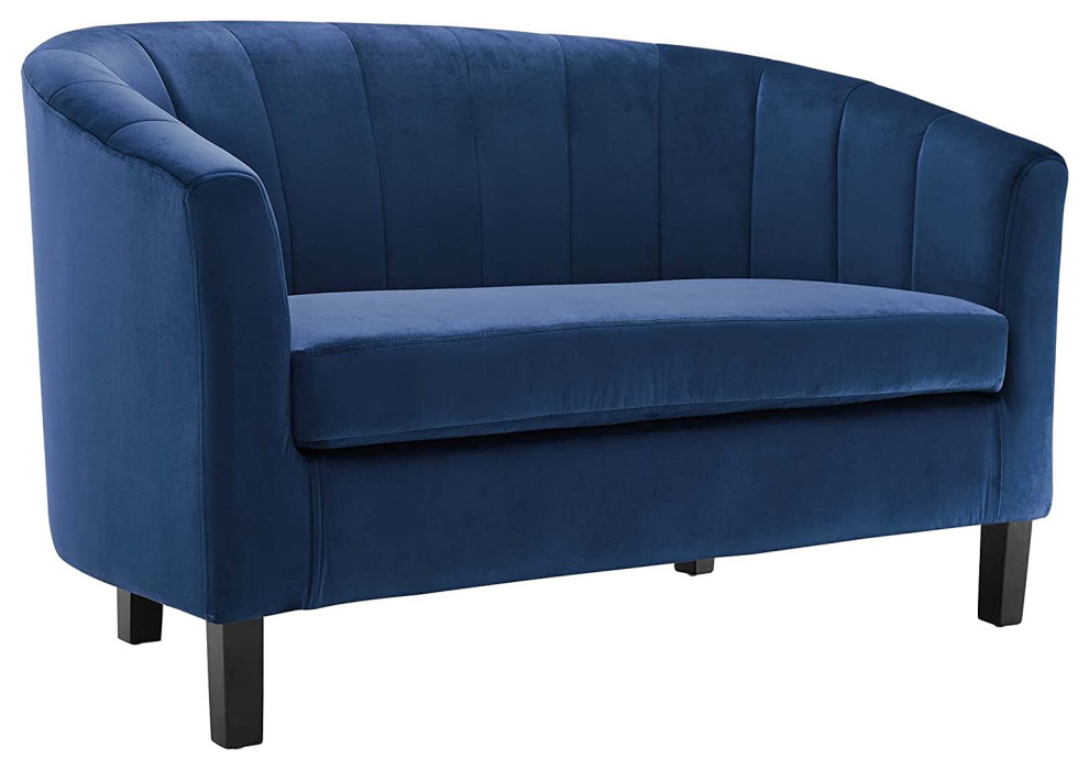 Contemporary Loveseat  Padded Fabric Seat  ampCurved Channel Tufted Backrest  Navy   Contemporary   Loveseats   by Decor Love  Houzz