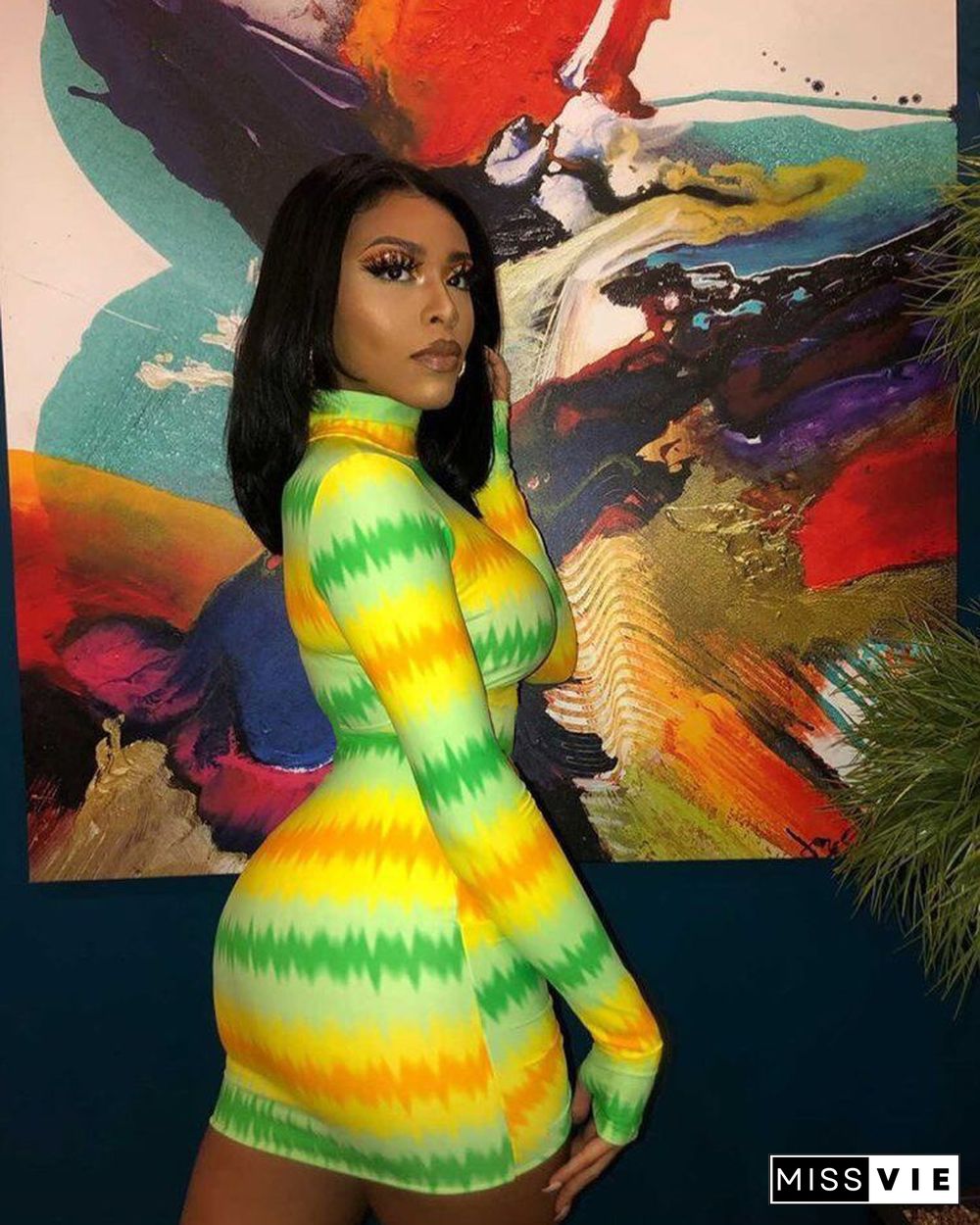 Hot Sales Tie-dye Printed Long Sleeve Slim Bodycon Dress