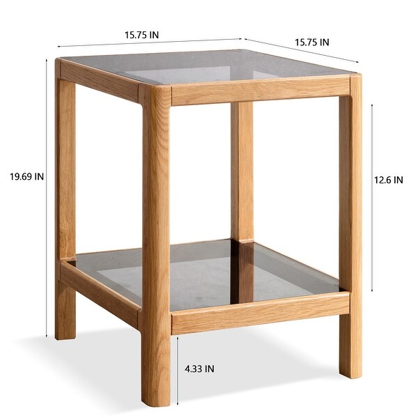 Natural Oak Wood End Table with Tempered Glass for Living Room， Dinning Room， or Bedroom