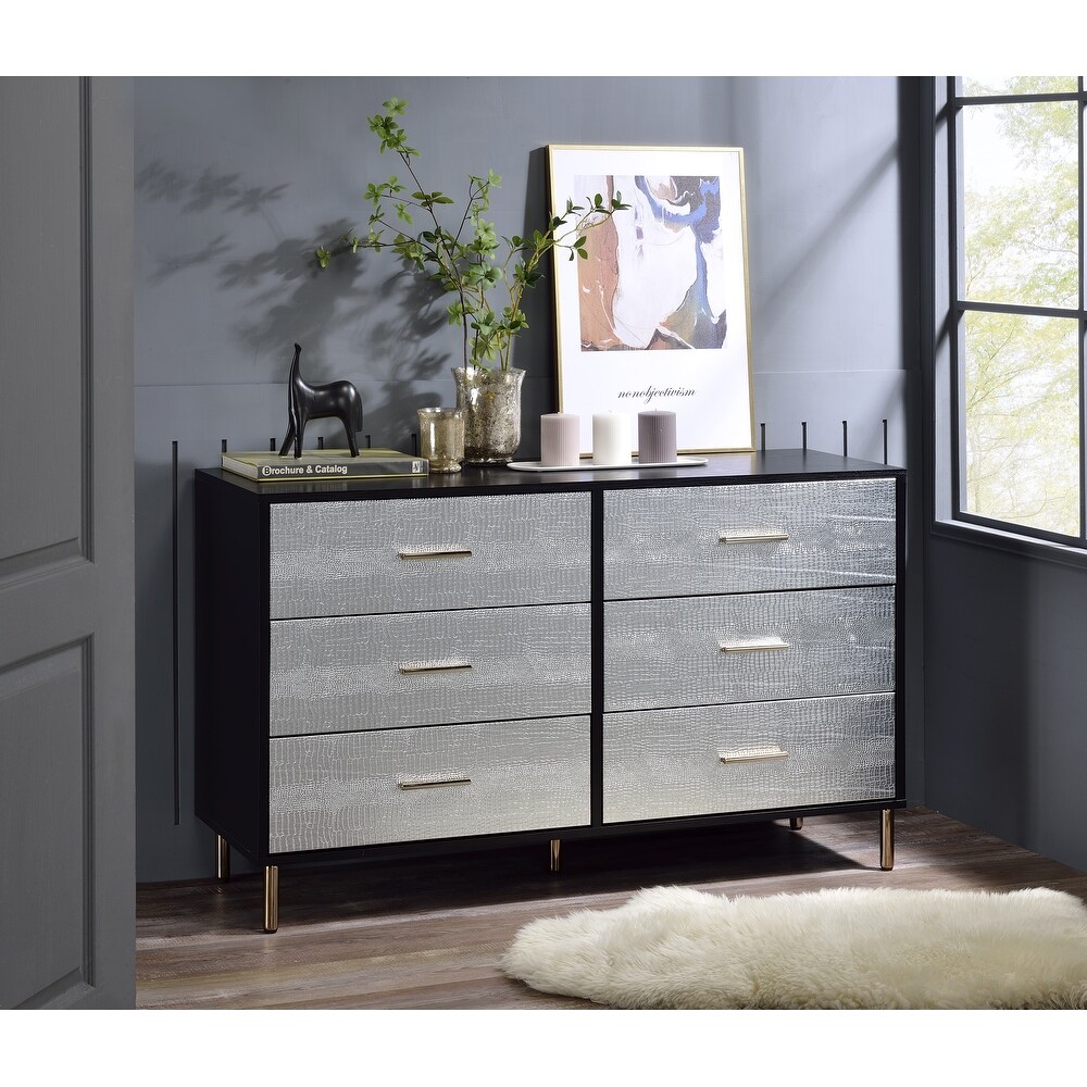 Contemporary Style 6 drawer Dresser  Metal Legs  Faux Crocodile Skin Pattern  2/3 Extension Drawer  Side Metal Glide Drawer