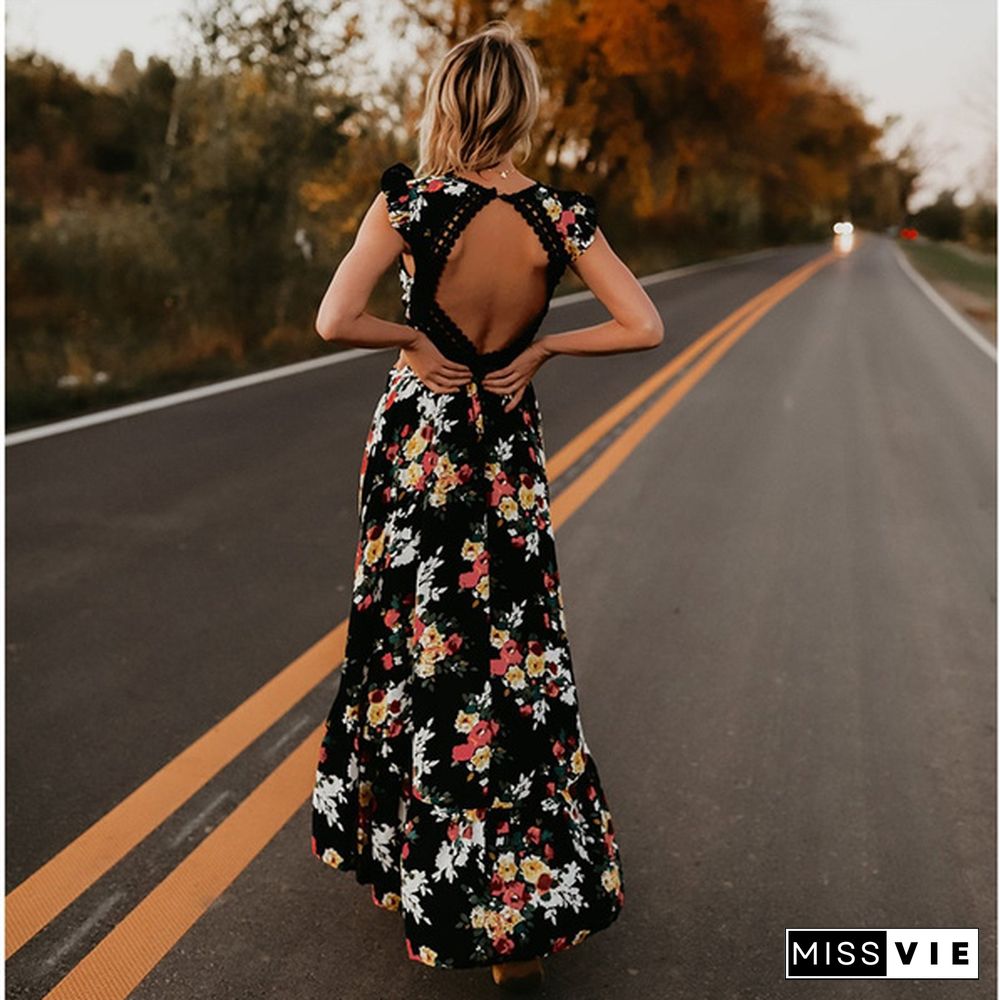 Elegant Fashion Women Sleeveless Floral Print Irregular Maxi Dress Slim Backless Holiday Beach Dress Bohemian Sundress