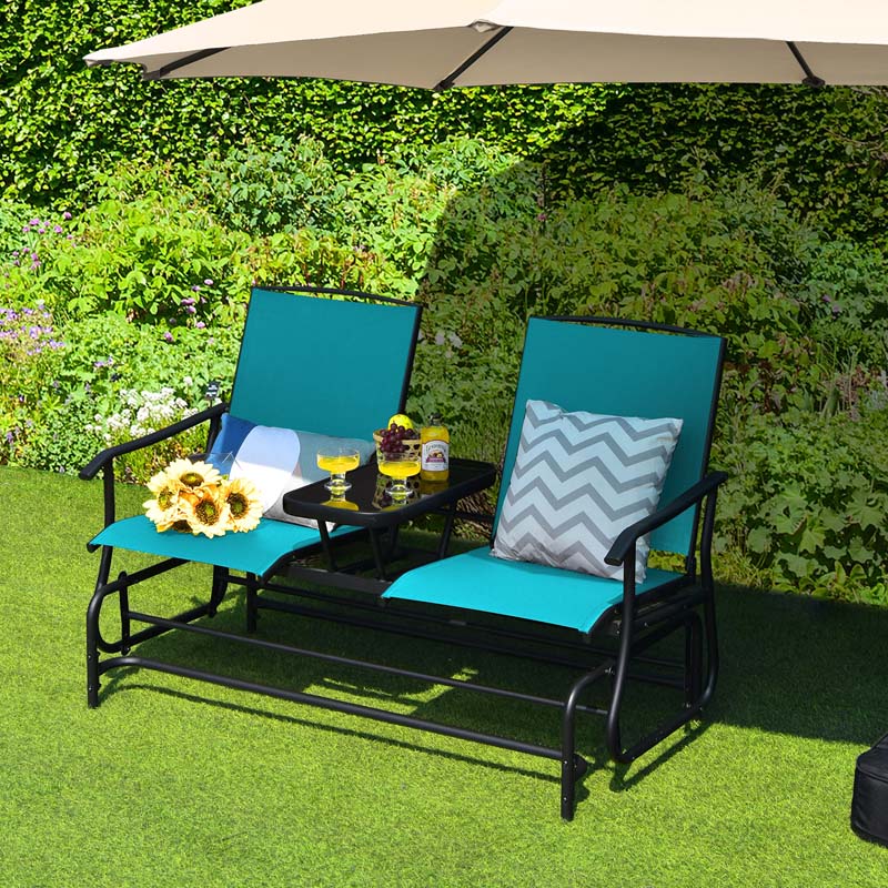 2-Person Outdoor Bench Glider Chair with Center Table, Mesh Fabric Rocking Loveseat for Patio