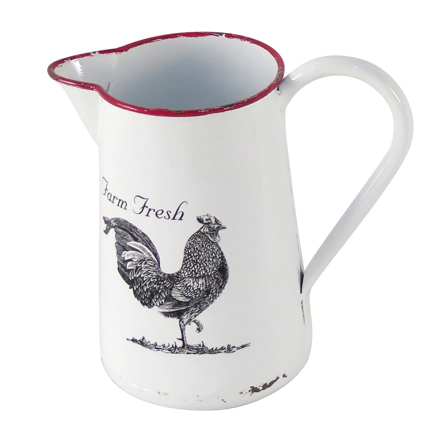 Foreside Home and Garden Red Rim White Enamel With Screen Printed Rooster Decorative Pitcher