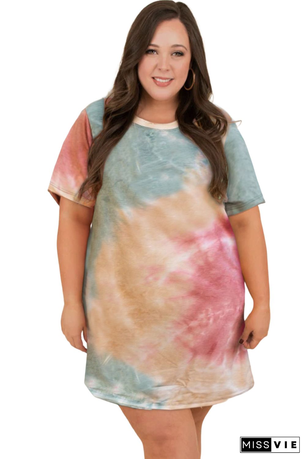 Multicolor Plus Size Tie Dye Slit T-shirt Dress