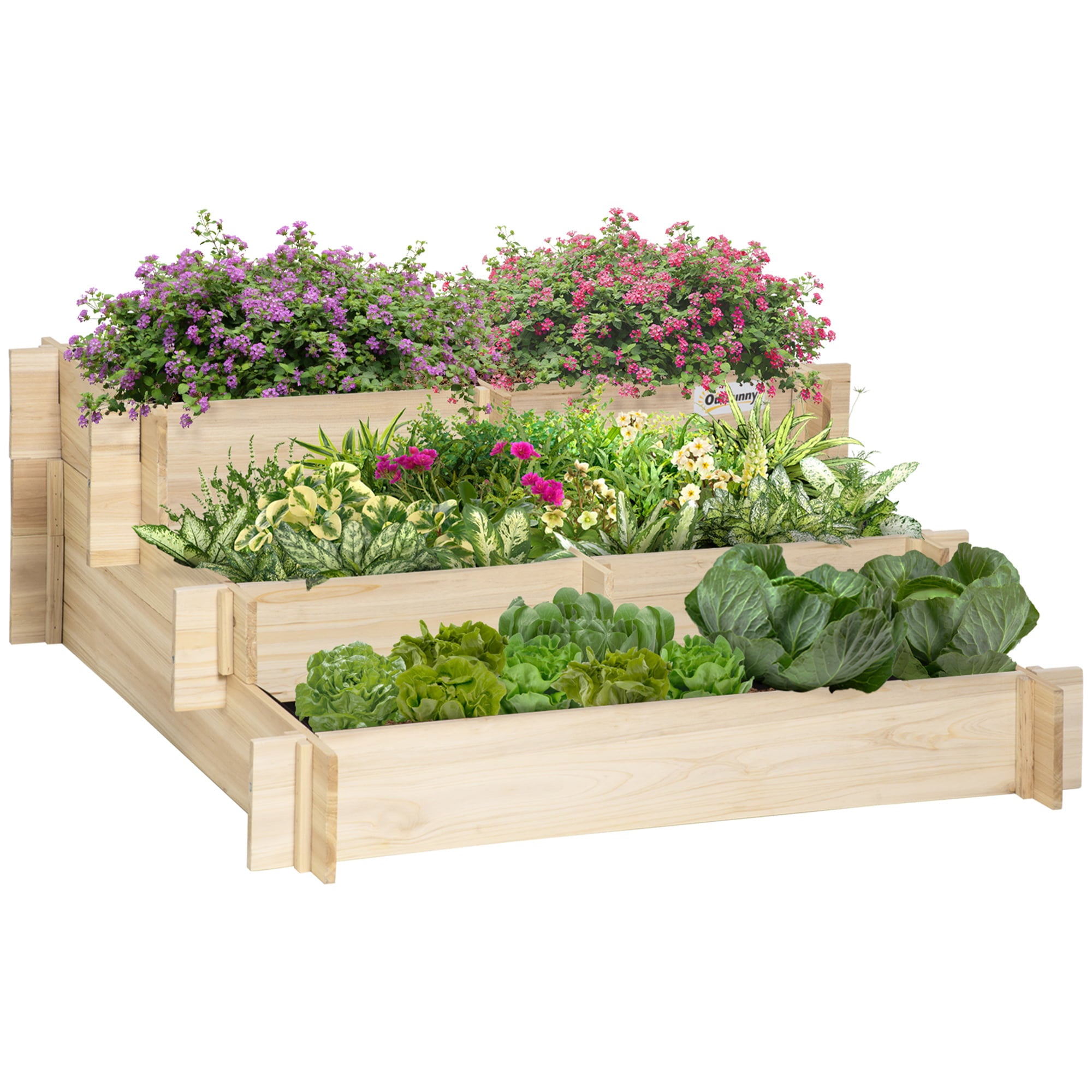 Outsunny 3-Tier Wood Raised Garden Bed with Non-woven Fabric inside, Tiered Planter, Outdoor Vegetable Flower Container, Natural