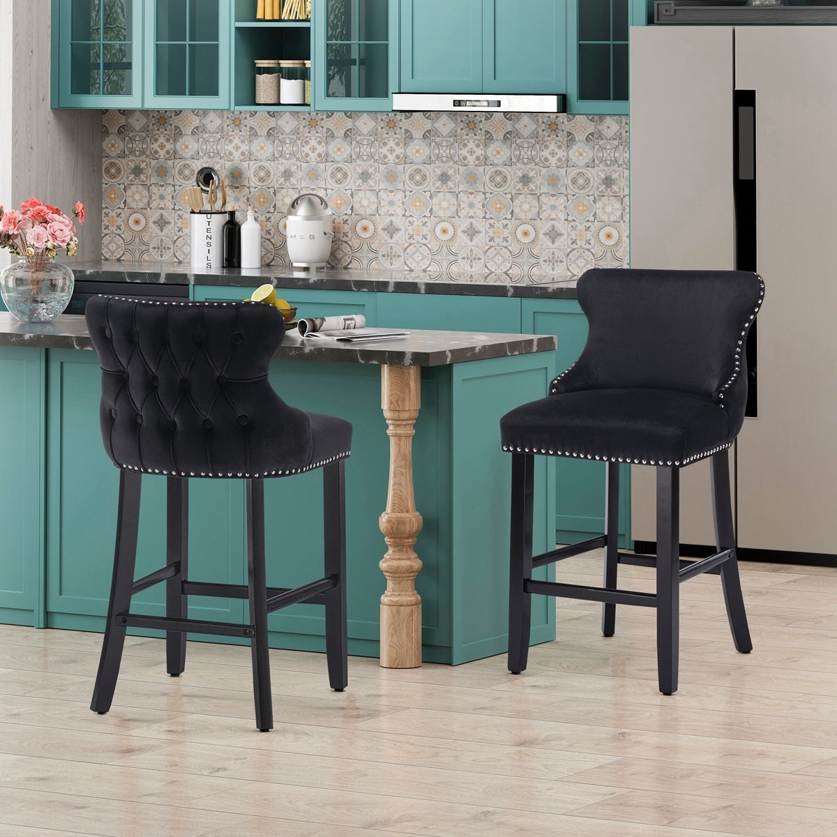 Velvet Upholstered Wing-Back Barstools (Set of 2)