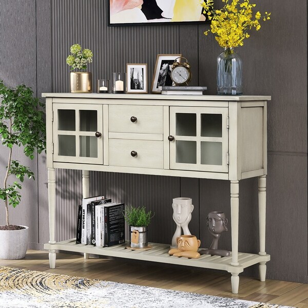 Sideboard Console Table with Bottom Shelf， Farmhouse Wood Glass Buffet Storage Cabinet Living Room Antique Grey