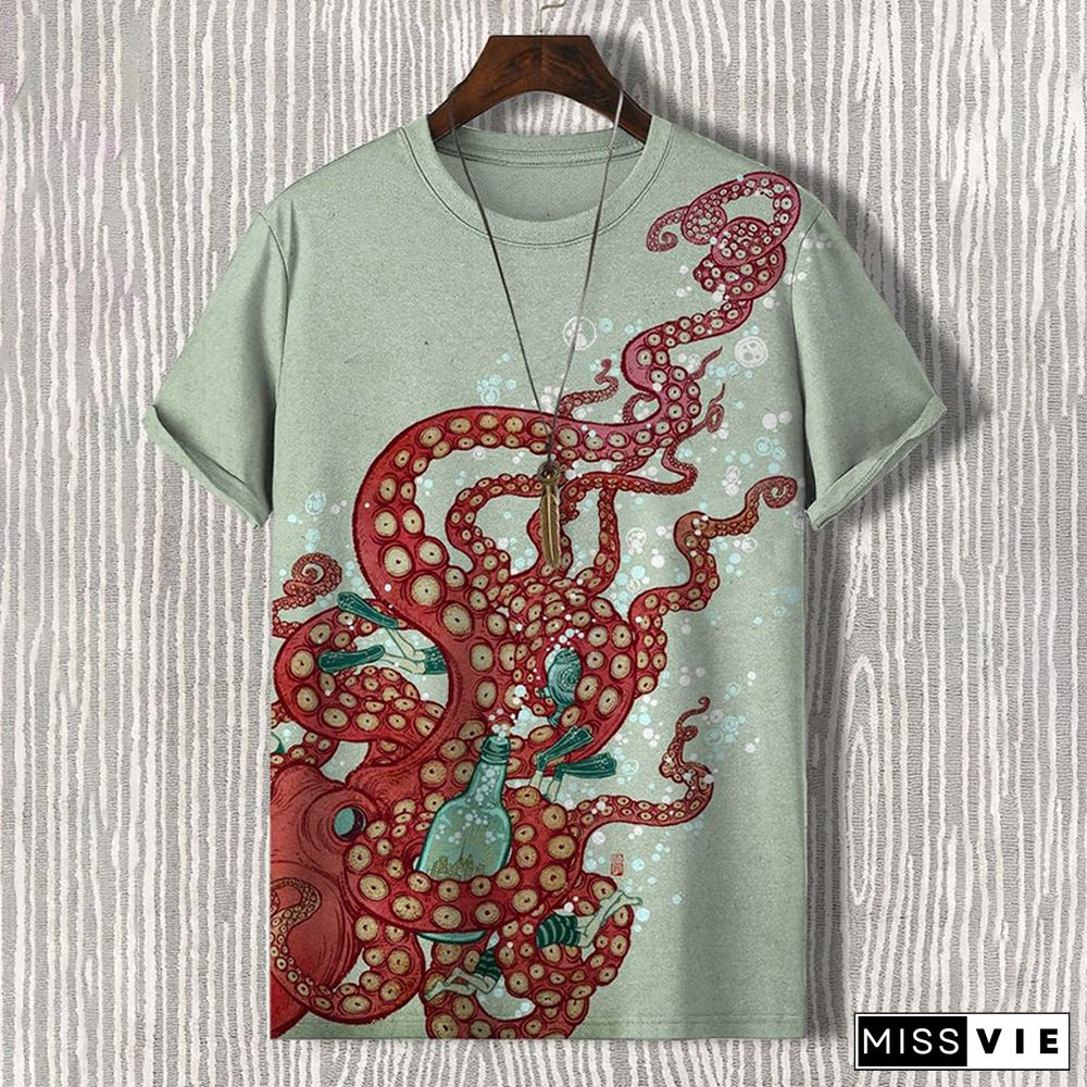 Men's Retro Octopus Tentacles Art Illustration Print T-Shirt