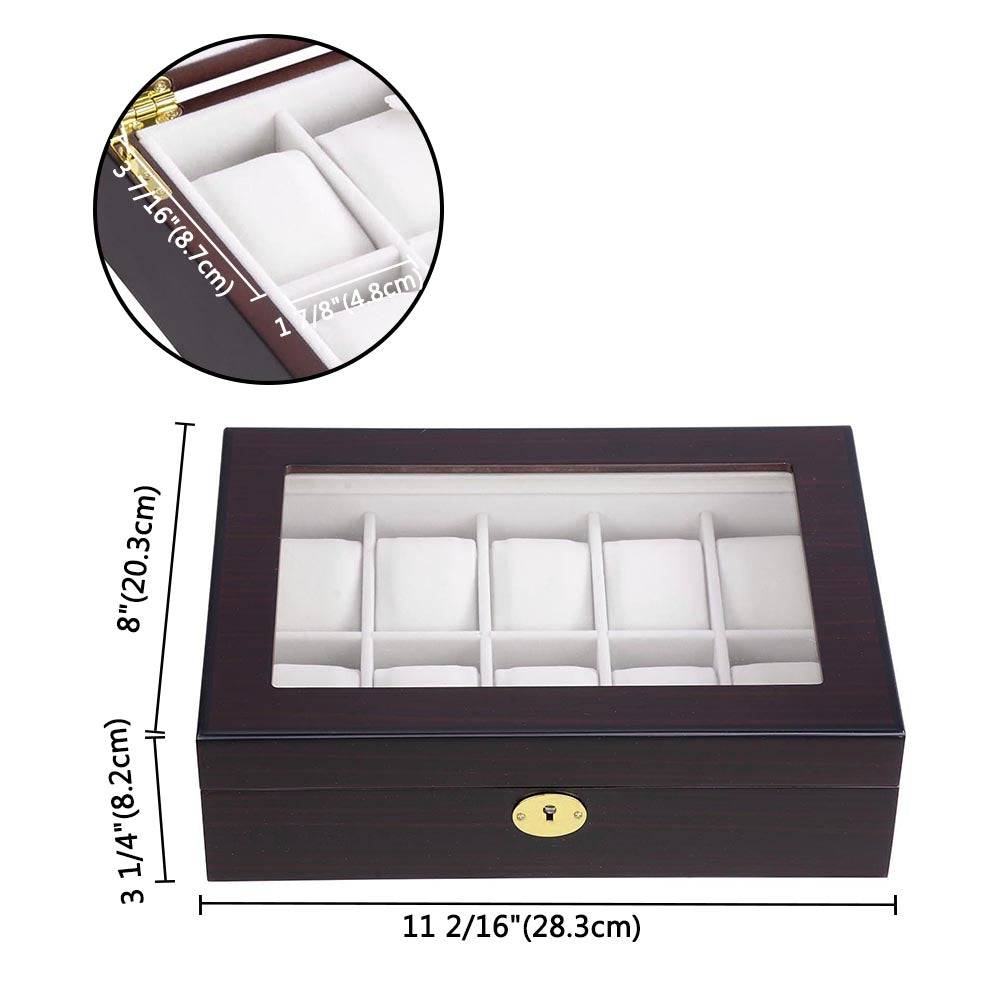 10-Slot Ebony Matte Finish Wood Watch Display Case