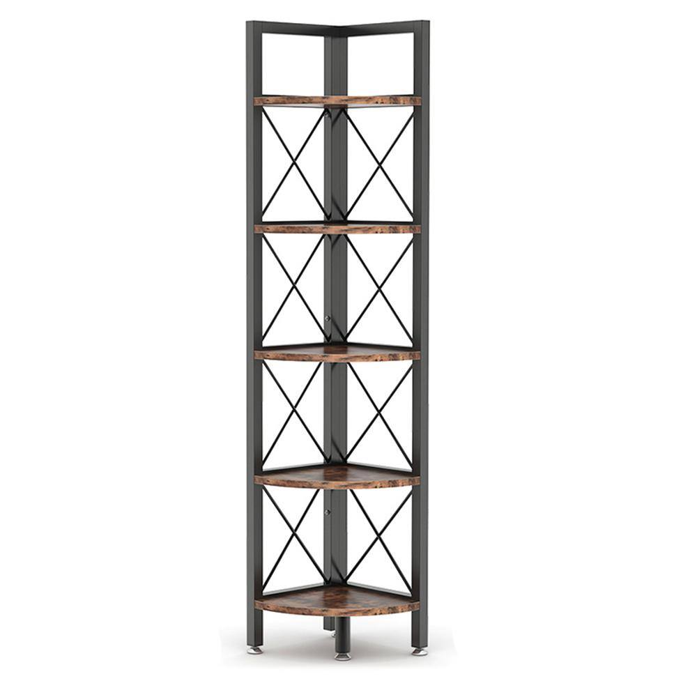 TRIBESIGNS WAY TO ORIGIN Halsey 63 in. Rustic Brown Wood and Black Metal Frame 5-Shelf Radial Corner Shelf Bookcase Storage Rack Plant Stand HD-SFC0200