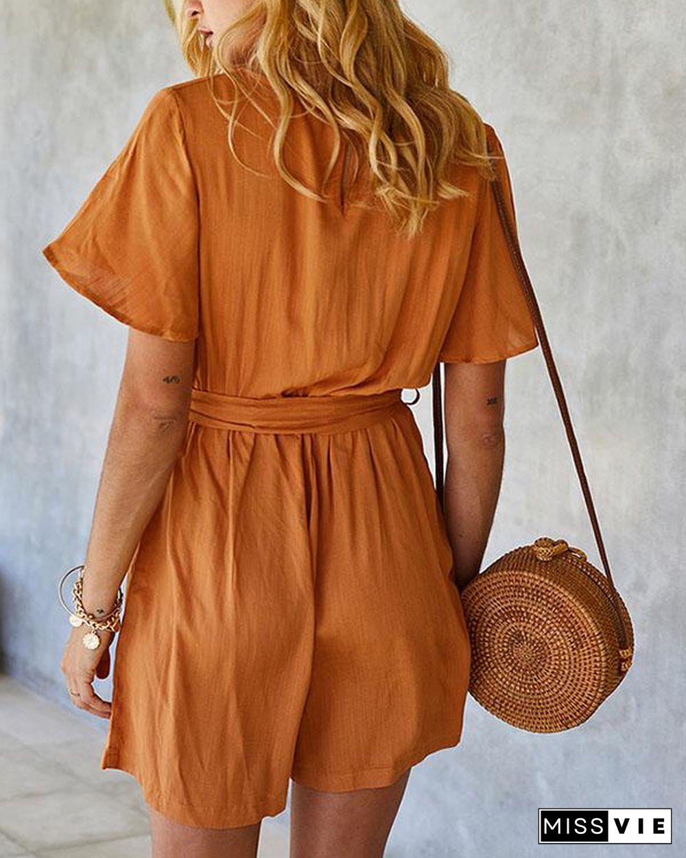 Solid V-neck Lace-up Waist With Belt Mini Dress