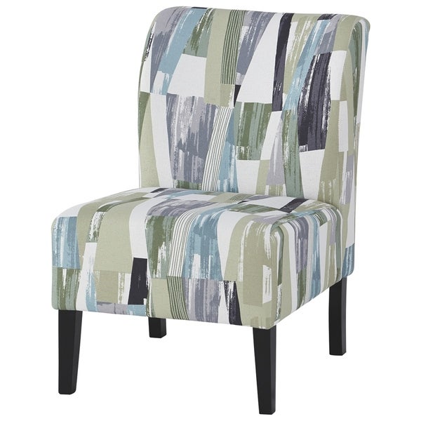 Wooden Armless Accent Chair with Patterned Fabric Upholstery， Multicolor