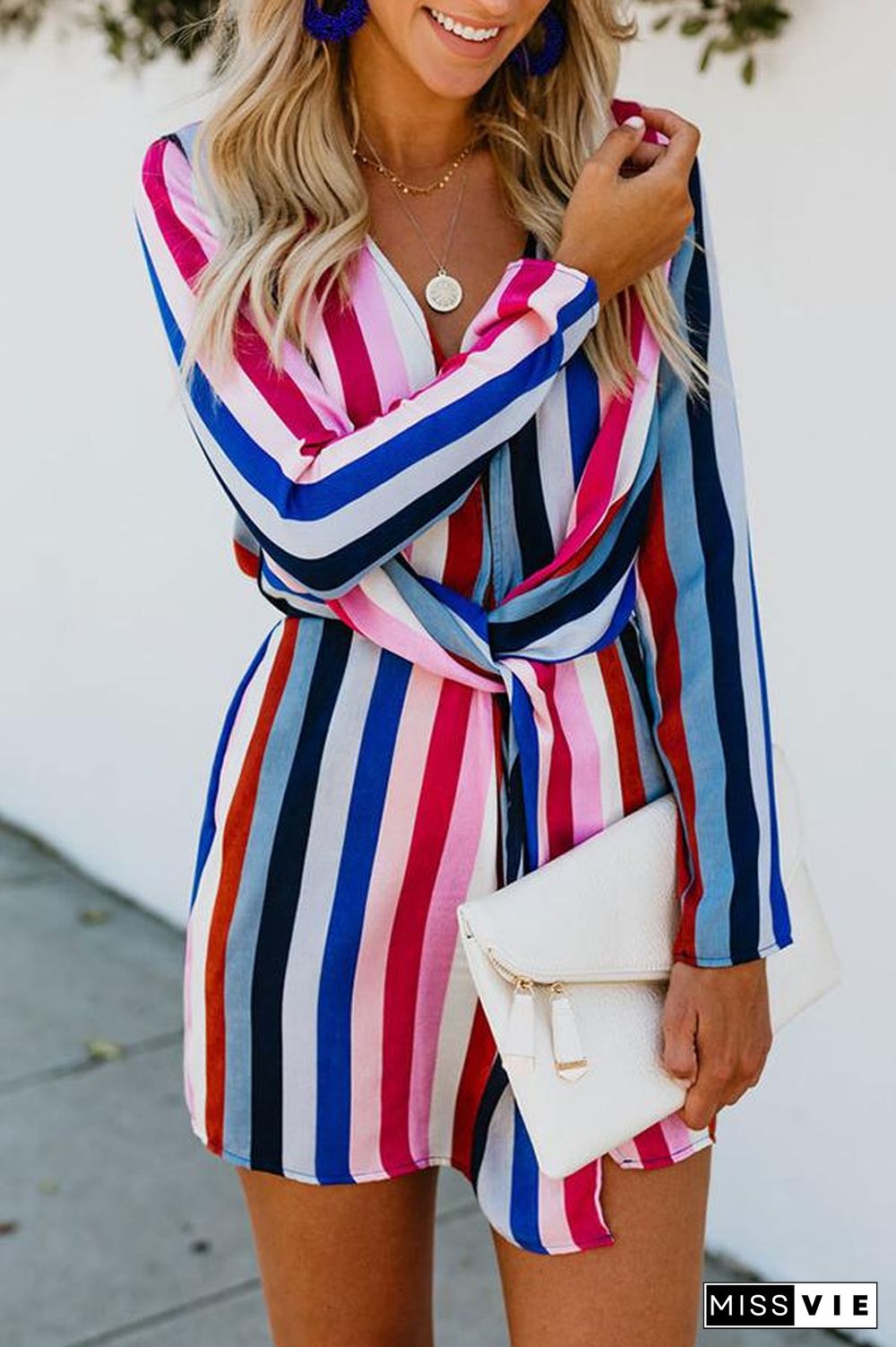 V-Neck Long Sleeve Rainbow Stripe Mini Dress