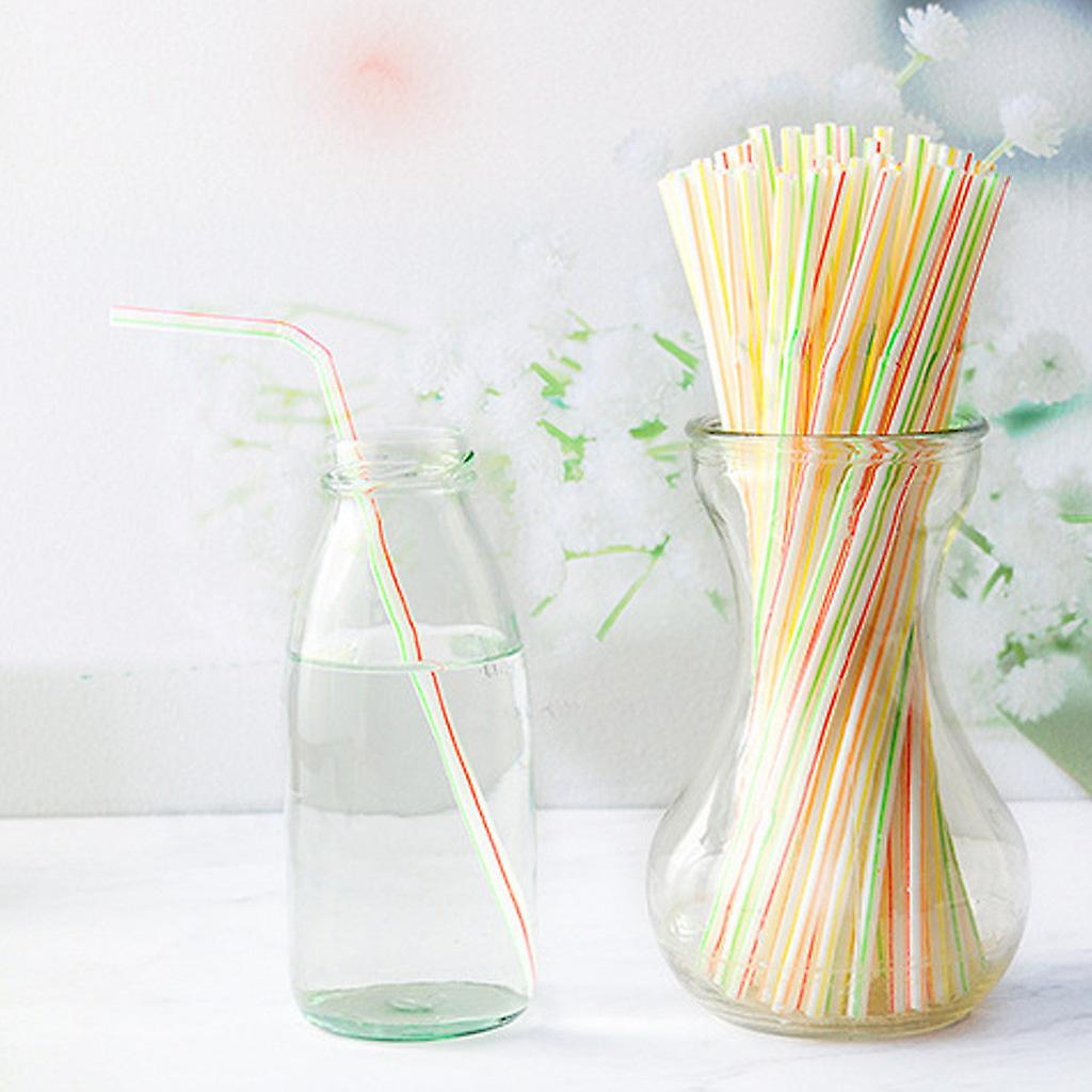 Tenske 400pc Disposable Straws Flexible Plastic Straws Striped Multi Colored Rainbow Drinking Straws Bendy Straw Bar Accessories