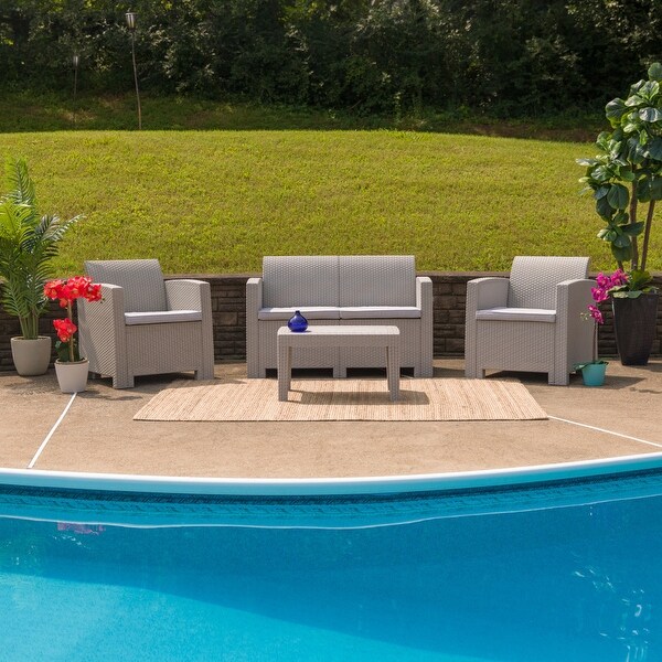 4 Piece Outdoor Faux Rattan Chair，Loveseat and Table Set